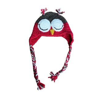 Crochet Owl Kids Beanie Winter Hat Braided Ties Warm Knit Cap See Measurements